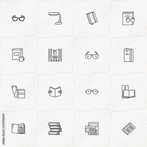 Reading line icon set with reading, reading book with earphone and spectacle