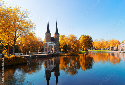 view of Oosrpoort iconic historical gate in Delft, Holland Netherlands at fall