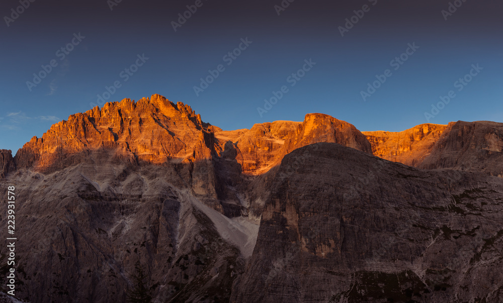 Sunset on beautiful, spiers rich, Dolomite peaks, South Tyrol, Italy