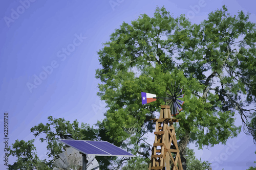 Solar Water well with Texas Windmill in front of summer green trees, farm ranch fence and blue sky background photo