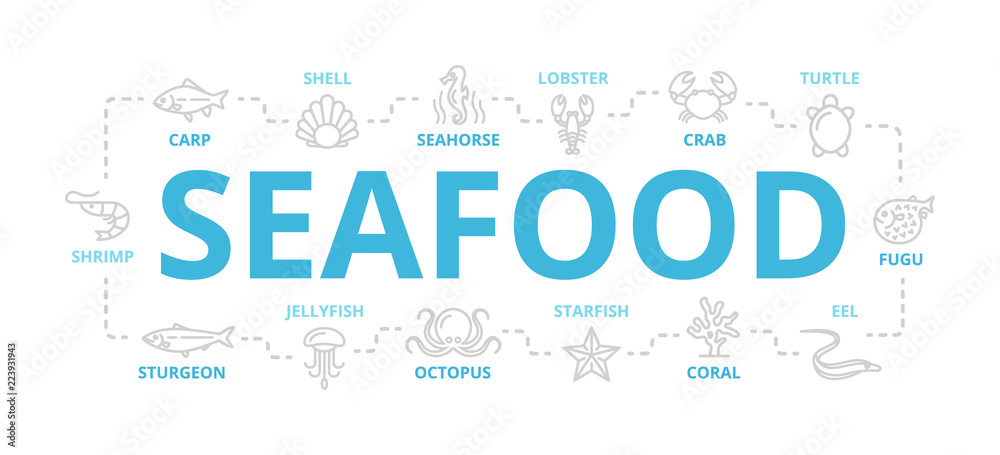 Naklejka premium seafood and fish thin line banner for design concept. Illustration for presentations on white background