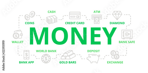  money and bank thin line banner for design concept. Illustration for presentations on white background