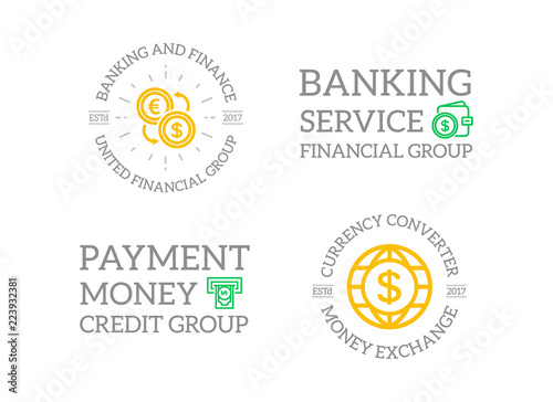 Set of retro vintage money and bank, atm, wallet, exchange logo or insignia, emblems, labels and badges and other branding objects. line style