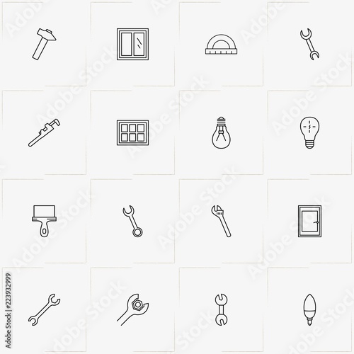 Repairs line icon set with putty knife, wrench  and window