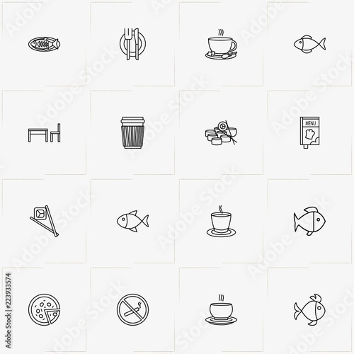 Restaurant line icon set with cup of coffee, pizza  and cup of tea
