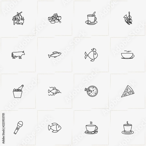 Restaurant line icon set with sushi , cow and cup of tea