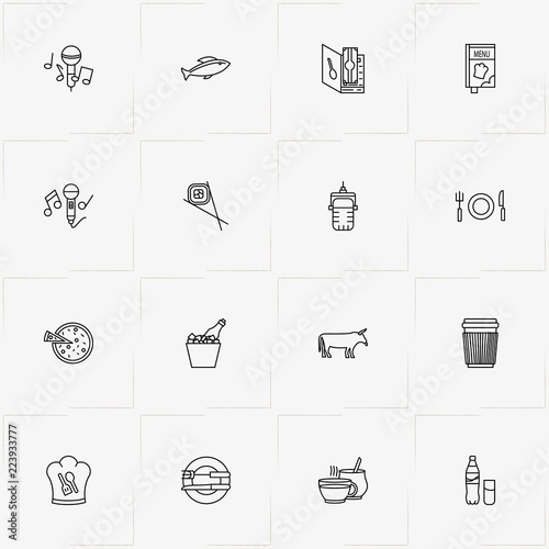 Restaurant line icon set with microphone, fish and sushi