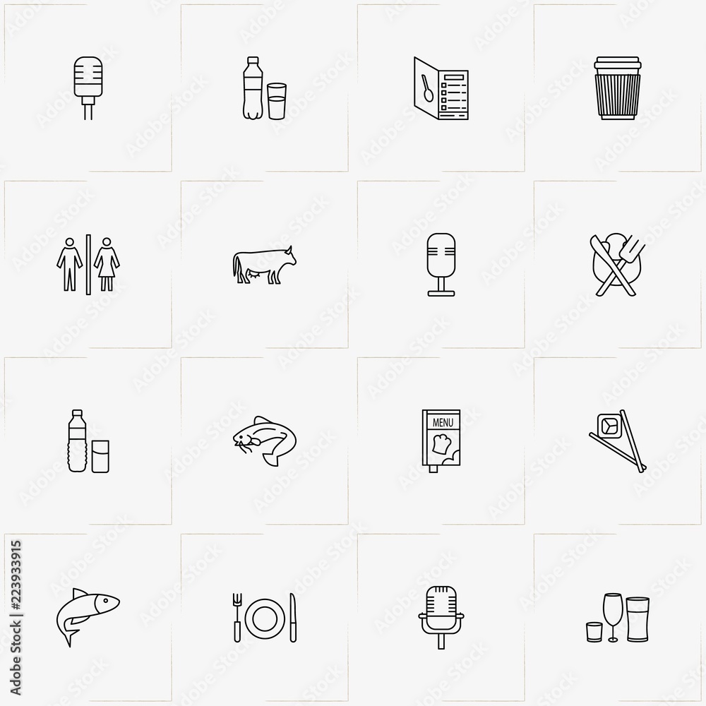 Restaurant line icon set with cooking, fish and menu Restaurant line icon set with cooking, fish and menu