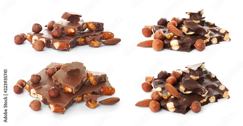 Set with different kinds of delicious chocolate and nuts on white background Set with different kinds of delicious chocolate and nuts on white background