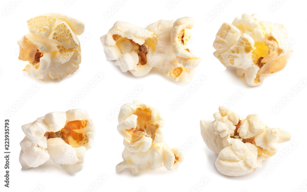 Set with delicious popcorn on white background Set with delicious popcorn on white background