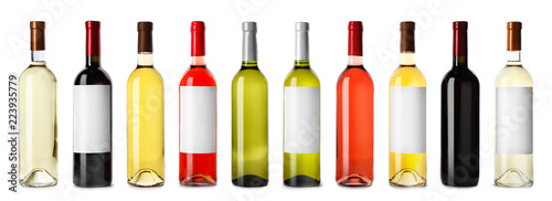 Set with different blank wine bottles on white background