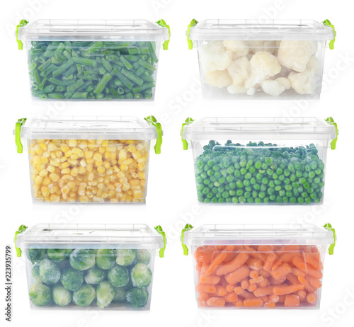 Set with frozen vegetables in plastic containers on white background
