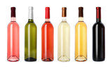 Set with different blank wine bottles on white background
