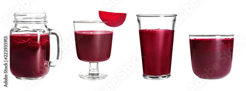 Set with beet smoothie in different glassware on white background