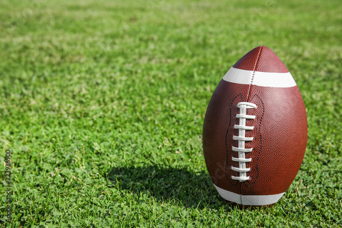 Ball for American football on fresh green field grass. Space for text