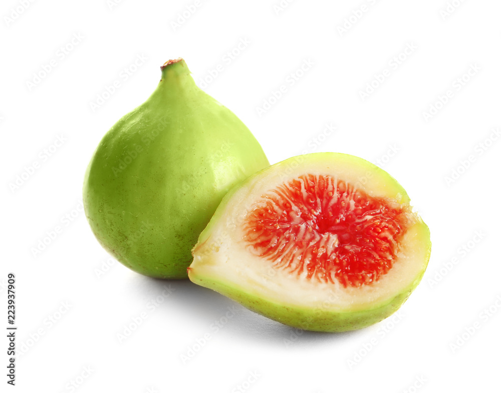Whole and cut green figs on white background Whole and cut green figs on white background