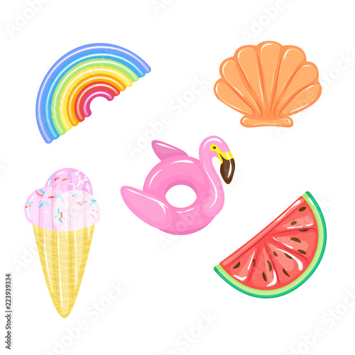 Set of flamingo, rainbow, watermelon, ice cream cone, seashell pool floats on water. Air mattress and ring buoy type