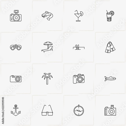 Sea line icon set with flippers , spectacle and cocktail