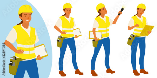 Building inspector woman poses set for infographics or advertisement