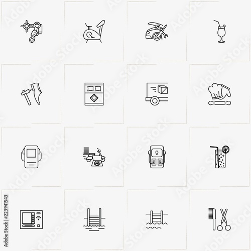 Service line icon set with cash dispenser, barber  and bed