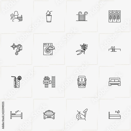 Service line icon set with video camera film , bed and swimming pool ladder