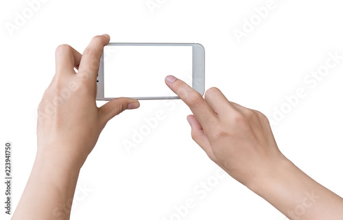 Smartphone in female hands taking photo isolated on white blackground