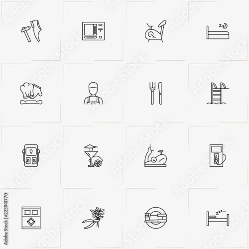 Service line icon set with shoemaker , cash dispenser and exercise bike