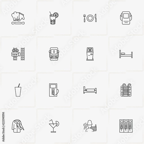 Service line icon set with bed, bathhouse and cash dispenser