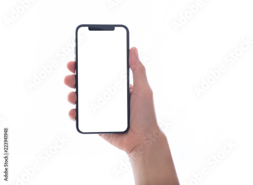 close up hand hold phone isolated on white, mock-up smartphone white color blank screen