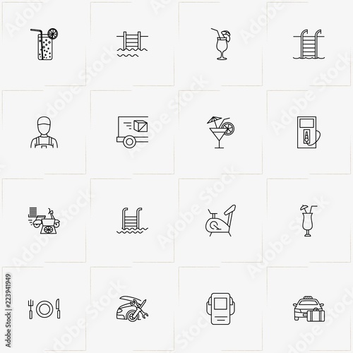 Service line icon set with parcel delivery , mechanic and cutlery