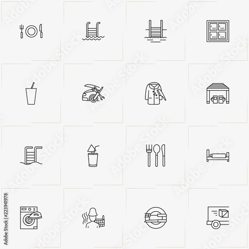 Service line icon set with bed, bathhouse and brush for dress