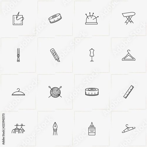 Sewing line icon set with sewing hank, centimeter and sewing pins