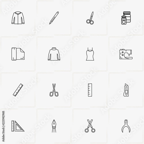 Sewing line icon set with ruler, pen and dress
