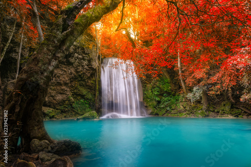 Fototapeta Naklejka Na Ścianę i Meble -  Waterfall in autumn forest at Erawan National Park, Thailand