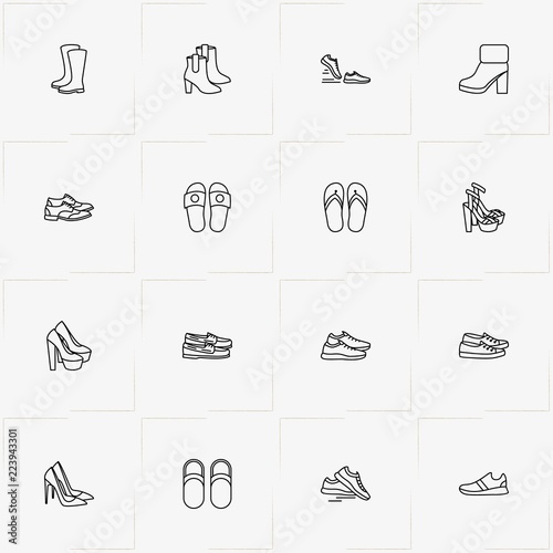 Shoes line icon set with lady shoes, sneakers and slippers