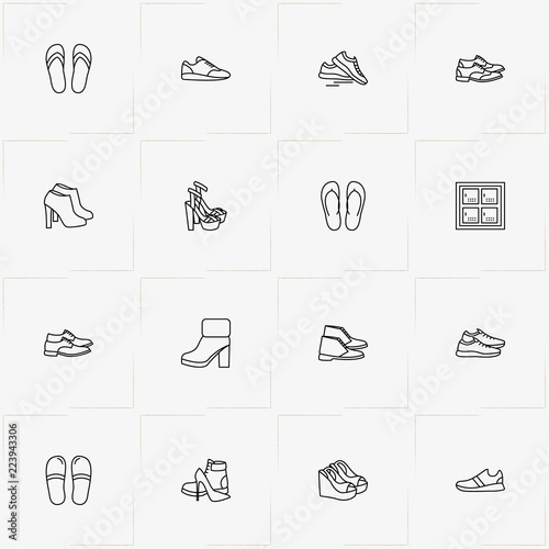Shoes line icon set with shoes , lady boots  and airport luggage storage