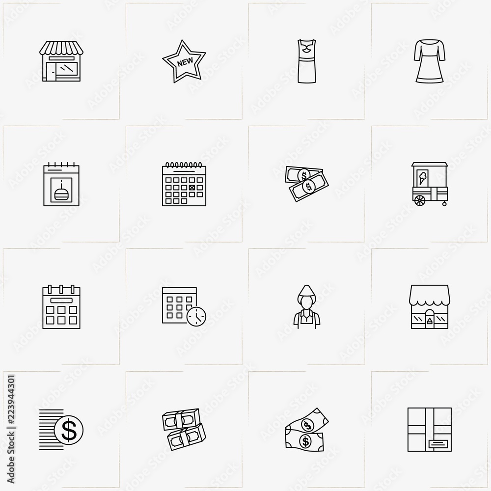 Shopping line icon set with calendar, money and new arrival