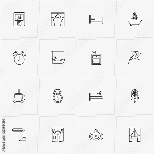 Sleep line icon set with music player, sleep  and bath