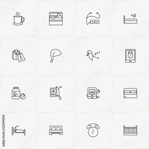 Sleep line icon set with sleep hat , alarm  and kid bed