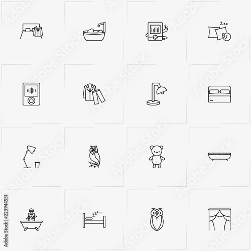 Sleep line icon set with table lamp , teddy bear and nightgown