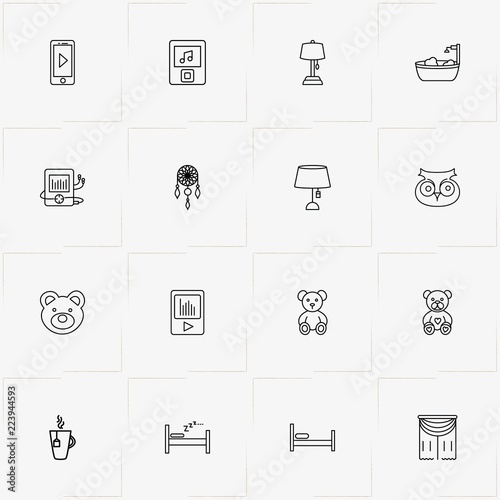 Sleep line icon set with brooch , teddy bear and owl