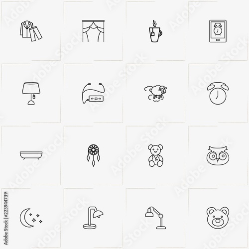 Sleep line icon set with table lamp , bath and nightgown