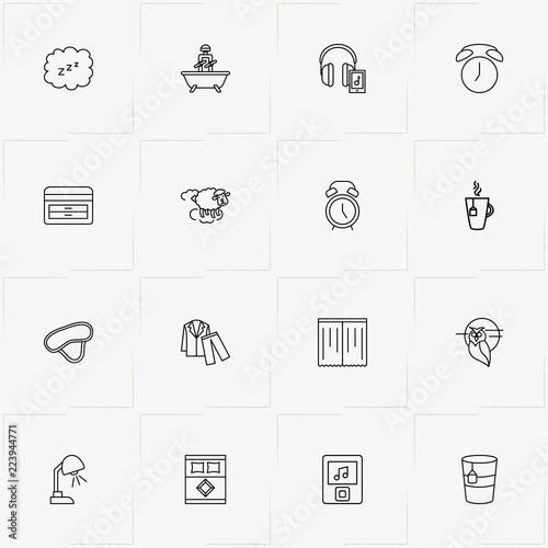 Sleep line icon set with table lamp , bath and nightgown