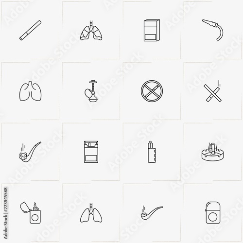 Smoking line icon set with lighter, lungs and hookah