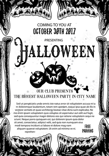 Hand drawn toxic and thriller Halloween celebration card and flayer with lettering and scary human skulls and skeleton parts. Halloween poster and banners decoration background Vector. photo