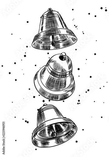 Merry Christmas and Happy New Year hand drawn greeting card with jingle bells. Modern and classic creative Christmas Holiday card. Hand drawn festive flyer. Vector.