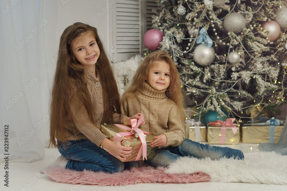 Naklejka premium Two little sisters are waiting for Christmas. Girls are sitting at Christmas tree, smiling and holding gifts. They are dressed in jeans and sweaters. Happy childhood.