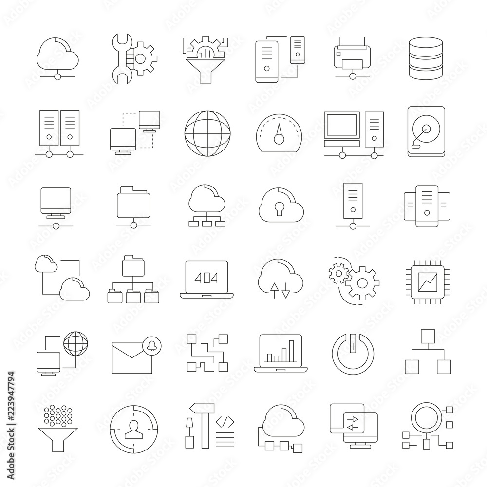 network and cloud computing icons, outline icons network and cloud computing icons, outline icons
