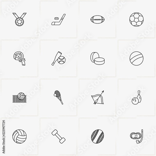 Sport line icon set with dumbbell, medal and bow and arrow
