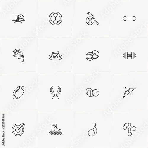 Sport line icon set with table tennis balls, rugby ball and skates